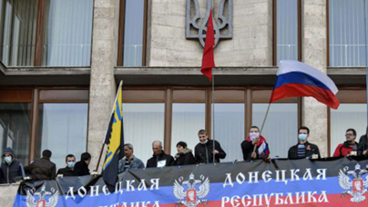 Protesters seize government buildings in the Donbas, April 2014.