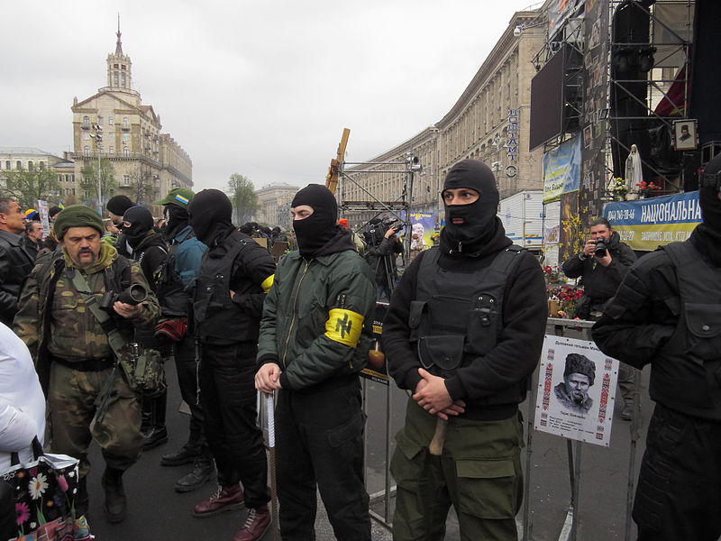 Fascists and neo-Nazis standing guard at Pravy Sektor rally at Euromaidan.